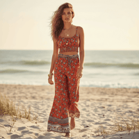 Boho Rust Floral Print Crop Top & Wide Leg Pants Set for women featuring a rust bohemian floral print, smocked spaghetti strap crop top, high-waisted wide leg pants, and lightweight matching set for spring and summer.