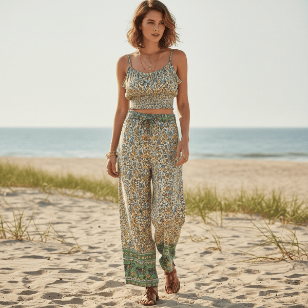 Boho Sage Green Floral Print Crop Top & Wide Leg Pants Set for women featuring a sage green floral print, smocked spaghetti strap crop top, high-waisted wide leg pants, and lightweight boho matching set.