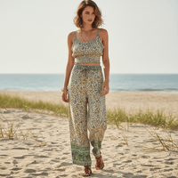 Boho Sage Green Floral Print Crop Top & Wide Leg Pants Set for women featuring a sage green floral print, smocked spaghetti strap crop top, high-waisted wide leg pants, and lightweight boho matching set.