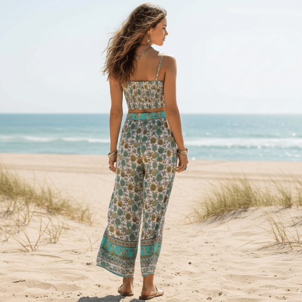Back view of the Boho Turquoise Floral Print Crop Top & Wide Leg Pants Set featuring a smocked crop top, high-waisted wide leg pants, and turquoise floral boho print.