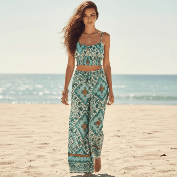 Boho Turquoise Print Crop Top & Wide Leg Pants Set for women featuring a turquoise bohemian print, smocked spaghetti strap crop top, high-waisted wide leg pants, and lightweight matching set for spring and summer.