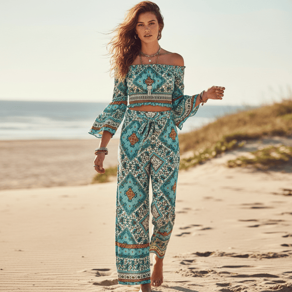 boho dress pants Altar'd State | Hendricks Boho Flowy Pant | BLUE | Material: Self: 75% Rayon. 25% Nylon. Lining: 100% Polyester