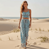 Light Blue floral boho crop top and wide leg pants matching set