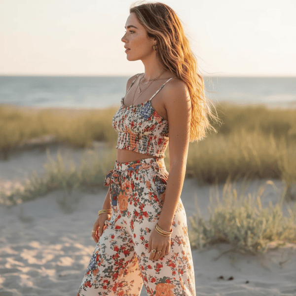 Side view of off white floral wide leg pants and smocked crop top outfit