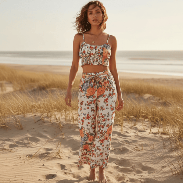 Off white floral boho crop top and wide leg pants matching set