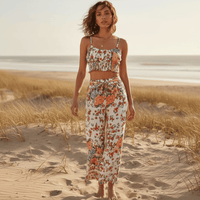 Off white floral boho crop top and wide leg pants matching set