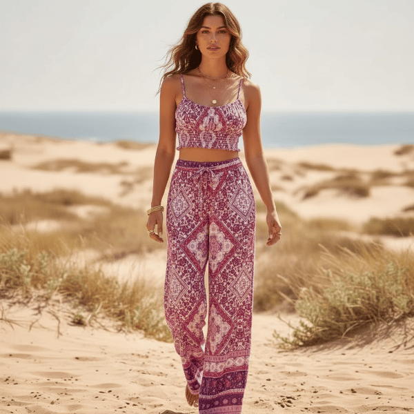 Pink floral boho crop top and wide leg pants matching set