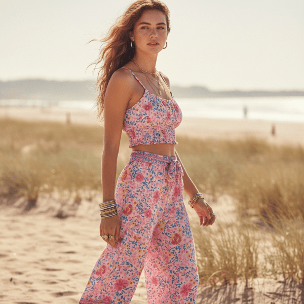Boho Beach Hut 2 piece outfit set, crop top and pants set Pink Floral Boho Pant Set