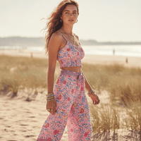Boho Beach Hut 2 piece outfit set, crop top and pants set Pink Floral Boho Pant Set