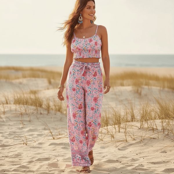 Boho Beach Hut 2 piece outfit set, crop top and pants set Pink Floral Boho Pant Set Pink / S