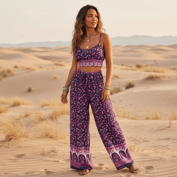 Purple floral boho crop top and wide leg pants two-piece outfit