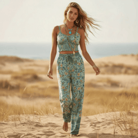 Seafoam floral boho crop top and wide leg pants matching set