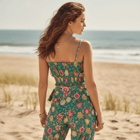 Boho Beach Hut 2 piece outfit set, crop top and pants set Teal Floral Boho Pant Set