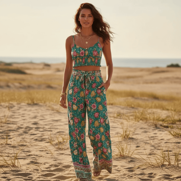 Teal floral crop top and wide leg pants set for women