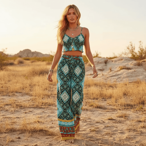 Turquoise Green floral boho crop top and wide leg pants matching set