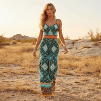 Turquoise Green floral boho crop top and wide leg pants matching set