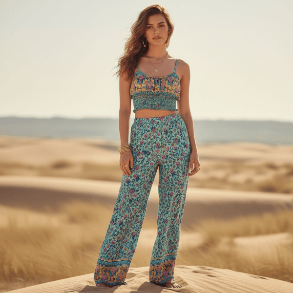 Turquoise floral boho crop top and wide leg pants matching set