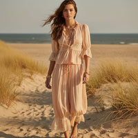 Boho Beach Hut 2 Piece Outfit Set, Shirt and Pants Set Boho Lace Trim 2-Piece Pants Set