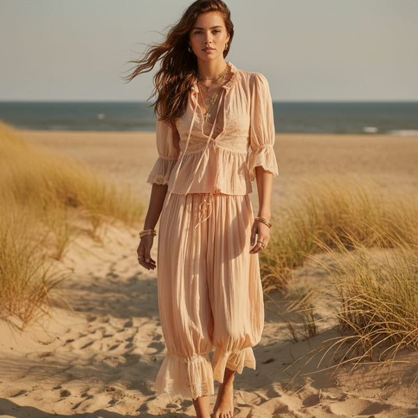 Boho Beach Hut 2 Piece Outfit Set, Shirt and Pants Set Boho Lace Trim 2-Piece Pants Set