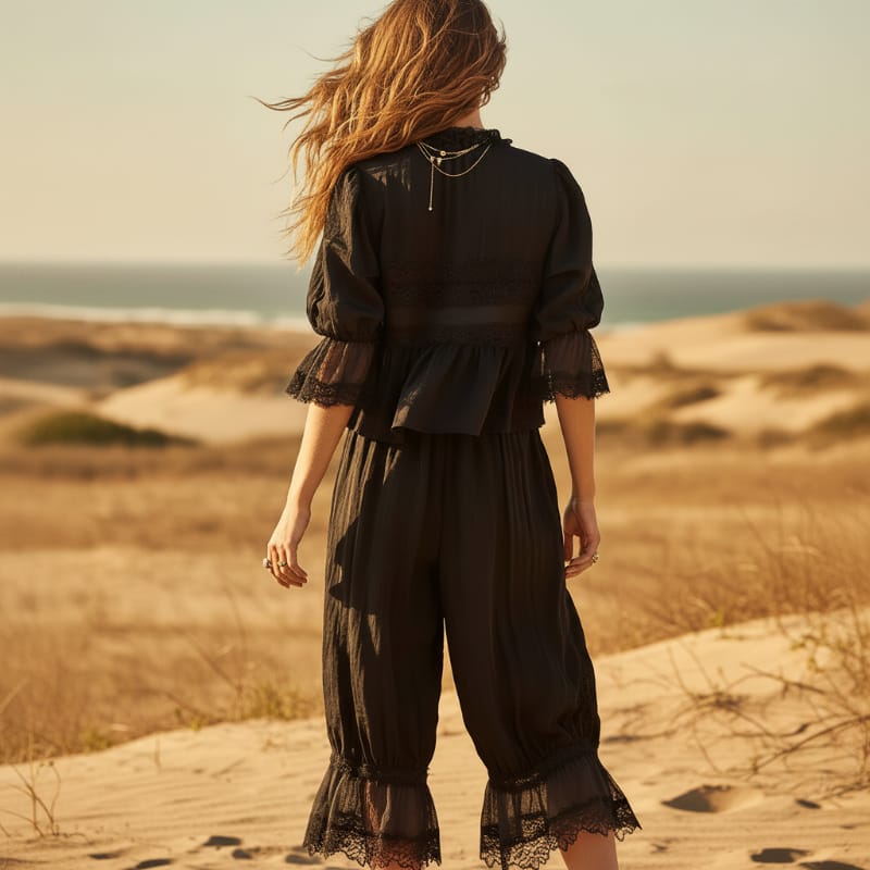 Boho Beach Hut 2 Piece Outfit Set, Shirt and Pants Set Boho Lace Trim 2-Piece Pants Set