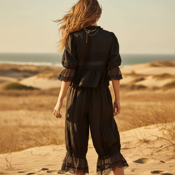 Boho Beach Hut 2 Piece Outfit Set, Shirt and Pants Set Boho Lace Trim 2-Piece Pants Set