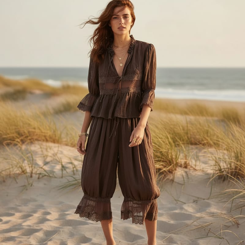 Boho Beach Hut 2 Piece Outfit Set, Shirt and Pants Set Boho Lace Trim 2-Piece Pants Set Brown / S