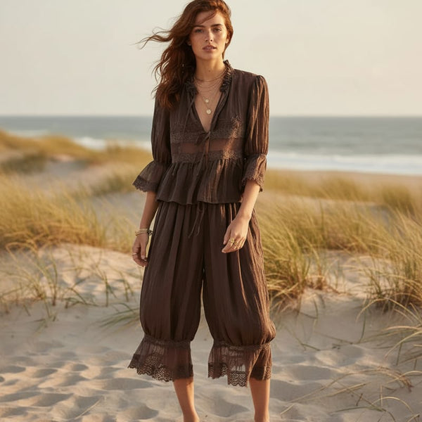 Boho Beach Hut 2 Piece Outfit Set, Shirt and Pants Set Boho Lace Trim 2-Piece Pants Set Brown / S