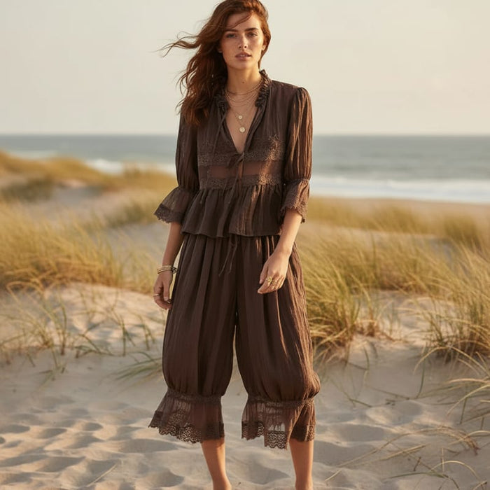 Brown boho two piece pants set with lace trim top and relaxed flowing pants