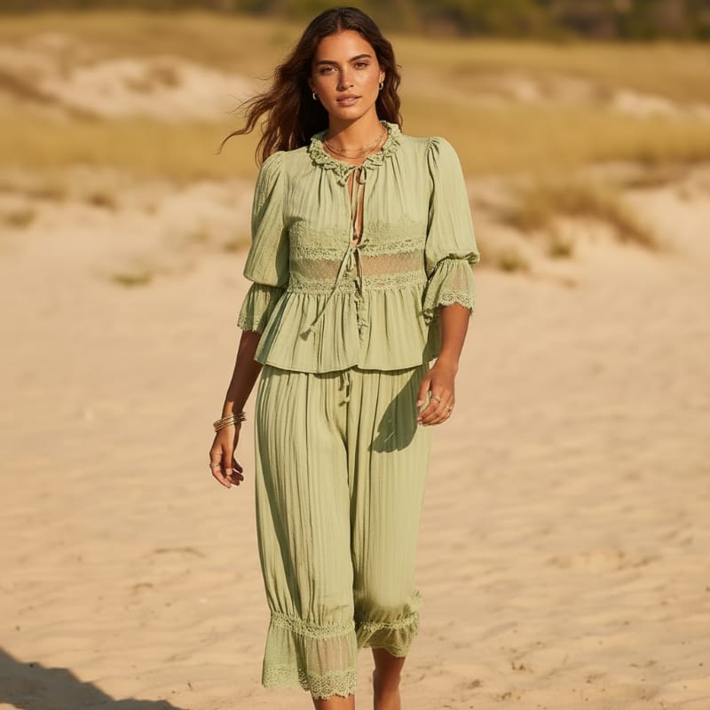 Boho Beach Hut 2 Piece Outfit Set, Shirt and Pants Set Boho Lace Trim 2-Piece Pants Set Sage Green / S