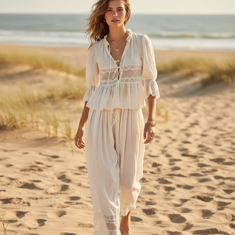 White boho two piece pants set with lace trim top and relaxed flowing pants