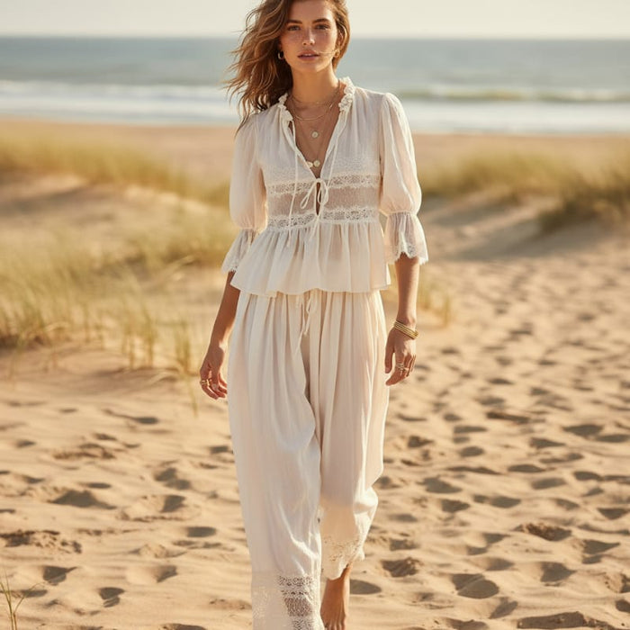 Boho Beach Hut 2 Piece Outfit Set, Shirt and Pants Set Boho Lace Trim 2-Piece Pants Set White / S
