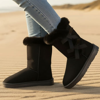 Boho Beach Hut Ankle Boots, Fur Boots, Winter Boots Boho Bow Mid Calf Winter Boots Black / 5