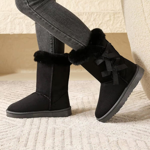 Boho Beach Hut Ankle Boots, Fur Boots, Winter Boots Boho Bow Mid Calf Winter Boots Black / 5