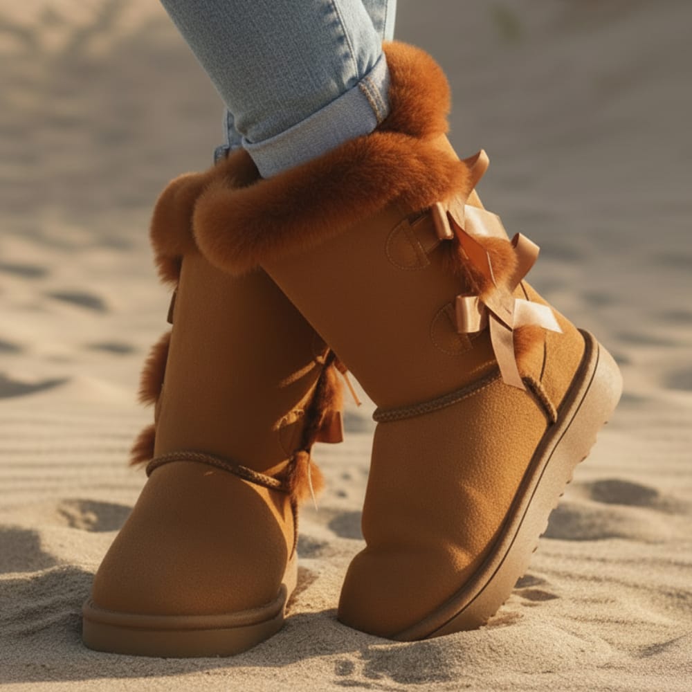Boho Beach Hut Ankle Boots, Fur Boots, Winter Boots Boho Bow Mid Calf Winter Boots Brown / 5
