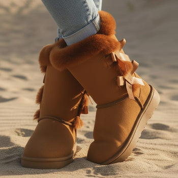 Boho Beach Hut Ankle Boots, Fur Boots, Winter Boots Boho Bow Mid Calf Winter Boots Brown / 5