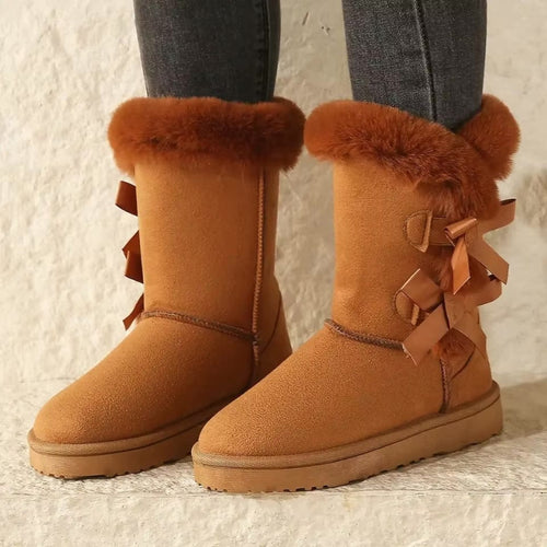 Boho Beach Hut Ankle Boots, Fur Boots, Winter Boots Boho Bow Mid Calf Winter Boots Brown / 5