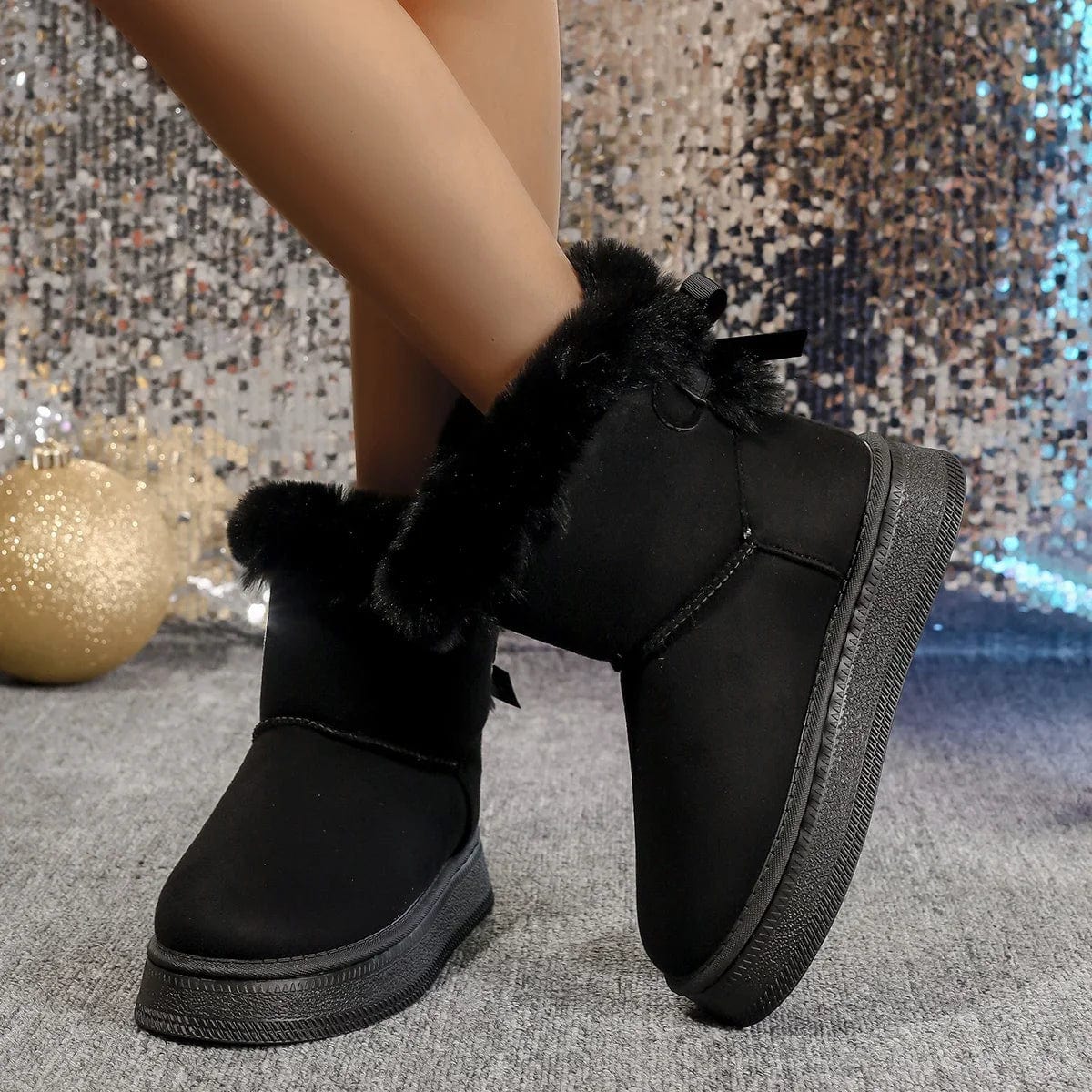 Boho Faux Fur Bow Boots Keep Warm and Stylish Black 8 at Boho Beach Hut