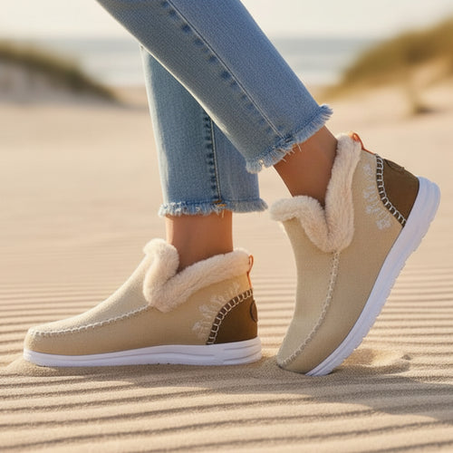 Boho Beach Hut Ankle Boots, Fur Boots, Winter Boots Winter Faux Fur Lined Casual Ankle Boots Beige / 6