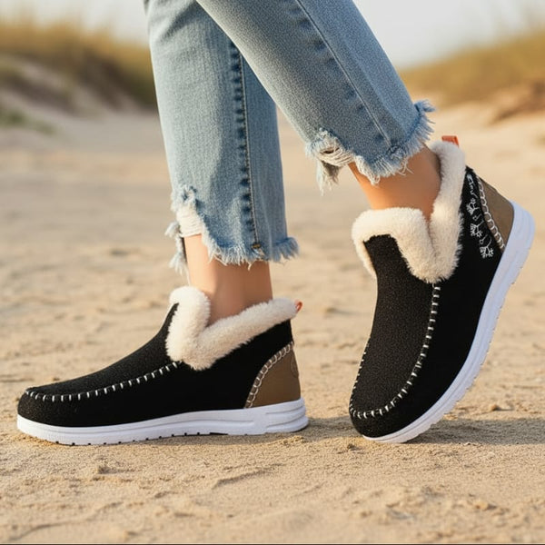 Boho Beach Hut Ankle Boots, Fur Boots, Winter Boots Winter Faux Fur Lined Casual Ankle Boots Black / 6