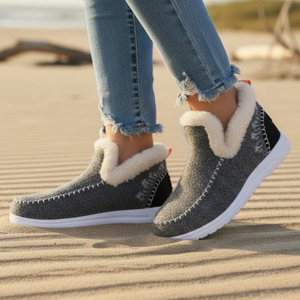 Boho Beach Hut Ankle Boots, Fur Boots, Winter Boots Winter Faux Fur Lined Casual Ankle Boots Gray / 6