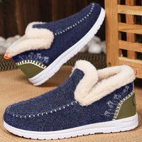 Boho Beach Hut Ankle Boots, Fur Boots, Winter Boots Winter Faux Fur Lined Casual Ankle Boots Navy Blue / 6