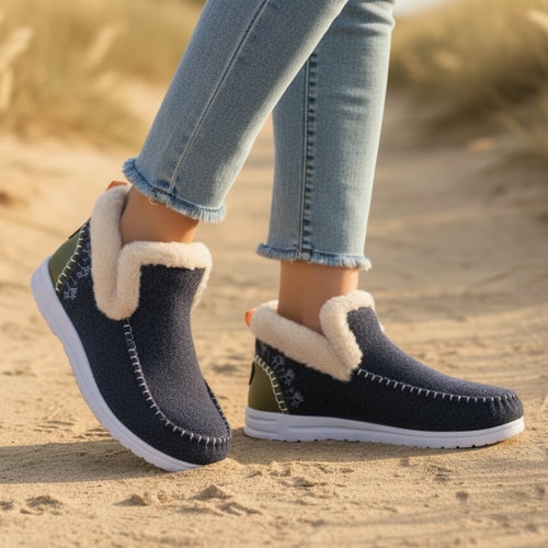 Boho Beach Hut Ankle Boots, Fur Boots, Winter Boots Winter Faux Fur Lined Casual Ankle Boots Navy Blue / 6