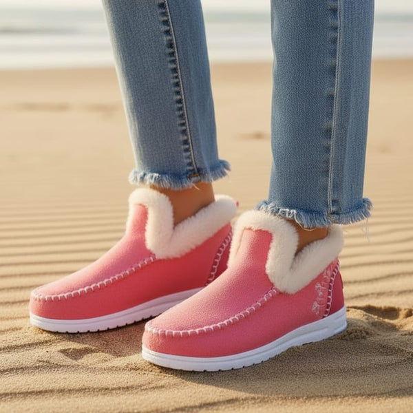 Boho Beach Hut Ankle Boots, Fur Boots, Winter Boots Winter Faux Fur Lined Casual Ankle Boots Pink / 6