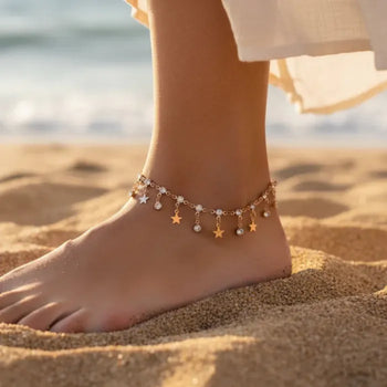 Boho Beach Hut Anklets, Ankle Jewelry, Beach Jewelry Gold Star Rhinestone Boho Anklet Gold / One Size