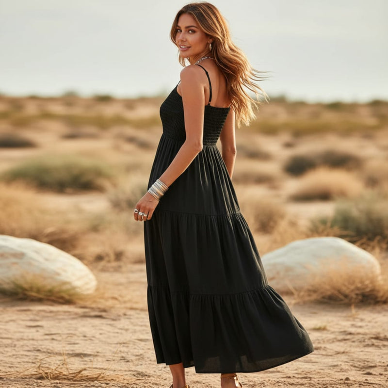 Sleeveless Spaghetti Strap Long Dress – Boho A-Line Mid-Calf Dress