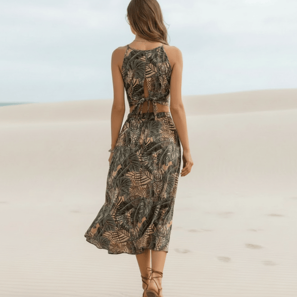 Floral Spaghetti Strap Two-Piece Set – Crop Top & Slit Midi Skirt Women's Boho Fashion in Gray | XL Floral Spaghetti Strap Two-Piece Set – Crop Top & Slit Midi Skirt Women's Boho Fashion in Gray | XL