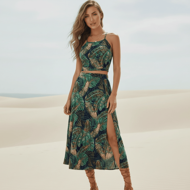 Floral Spaghetti Strap Two-Piece Set Crop Top & Slit Midi Skirt in Gray | Women's Boho Fashion | XL | Polyester, Synthetic Floral Spaghetti Strap Two-Piece Set Crop Top & Slit Midi Skirt in Gray | Women's Boho Fashion | XL | Polyester, Synthetic