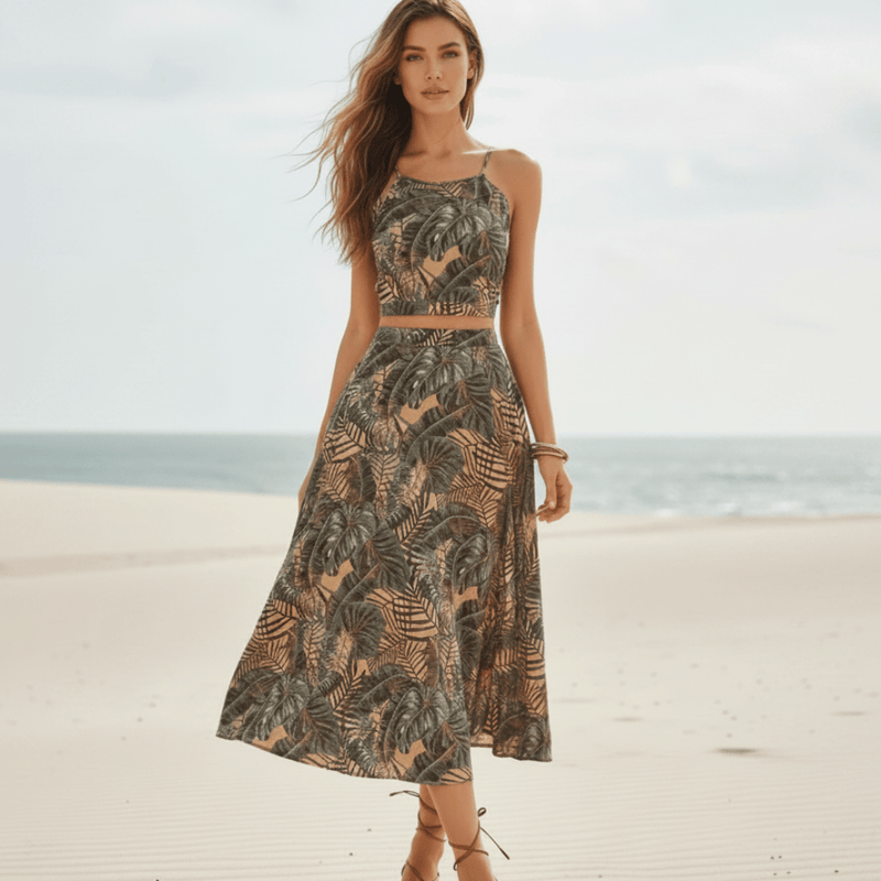 Midi Dress Floral Two-Piece Crop Gray