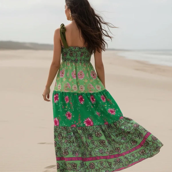 vintage summer dress Boho Floral Maxi Dress – Vintage Ribbon Tie Summer A-Line Dress Women's Boho Fashion in Red | L