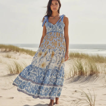 Boho Beach Hut Beach Dress, Chic Dress, Boho Dress, Summer Dress, Sun Dress, maxi dress, floral dress, sleeveless dress Vintage Floral Ribbon Tie Maxi Dress Blue / S